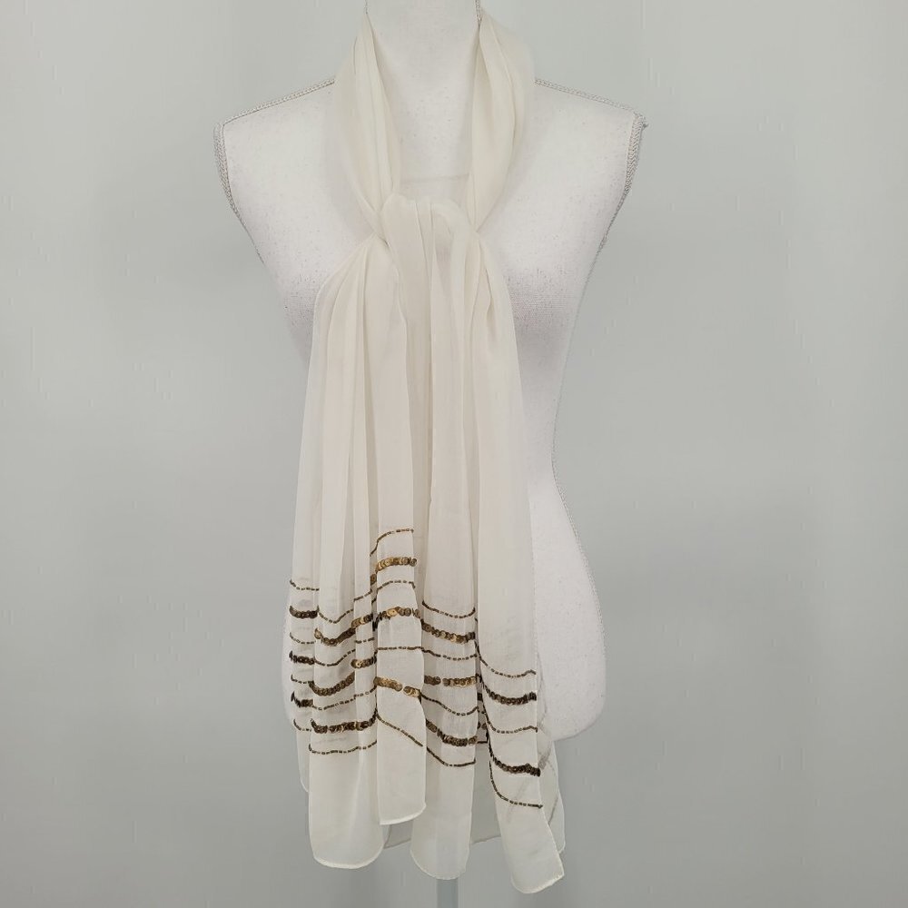 Ivory Chiffon Scarf With Bronze Sequins and Beads